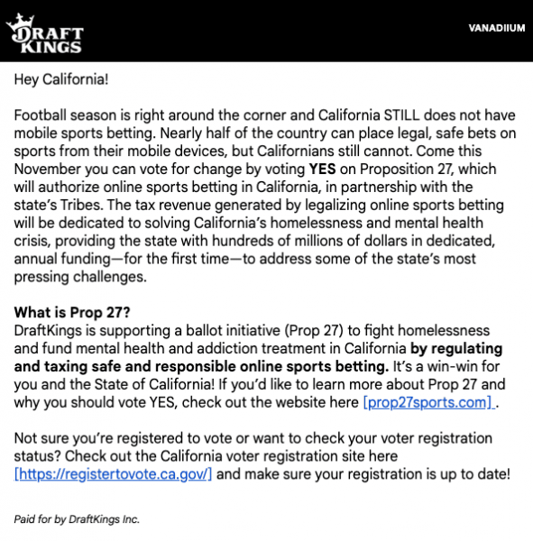 DraftKings Emails Users on California Sports Betting Prop 27